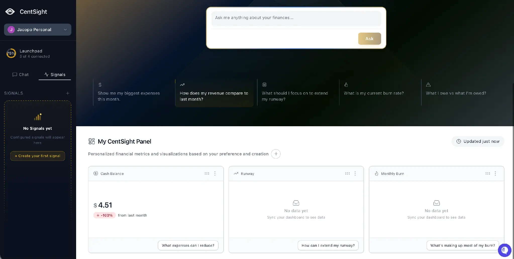 CentSight Panel dashboard with Cash Balance, Runway, and Monthly Burn tiles and a last-updated timestamp near the top right.