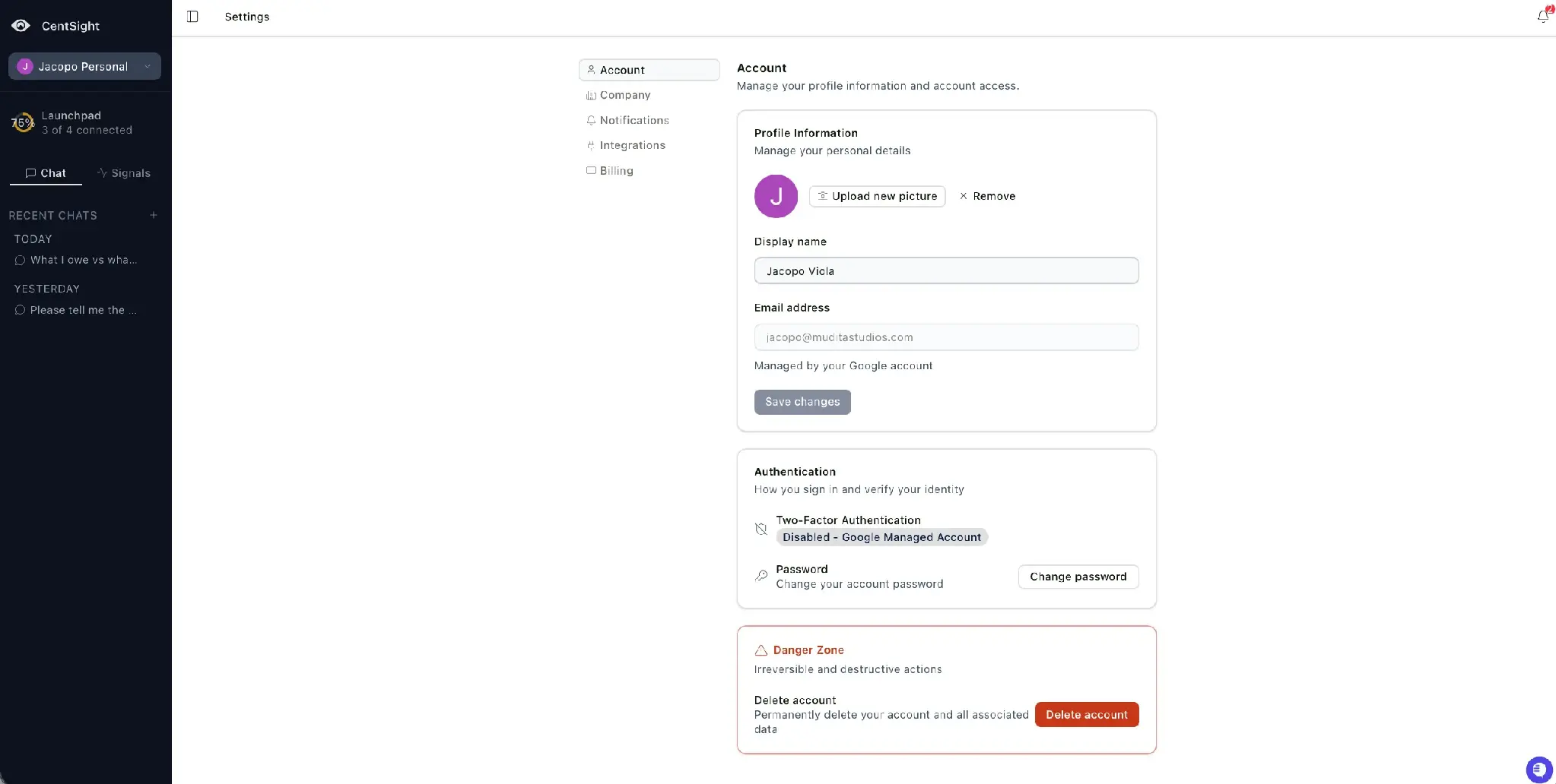 CentSight Settings Account page showing profile details, authentication options, and the Danger Zone Delete account button.