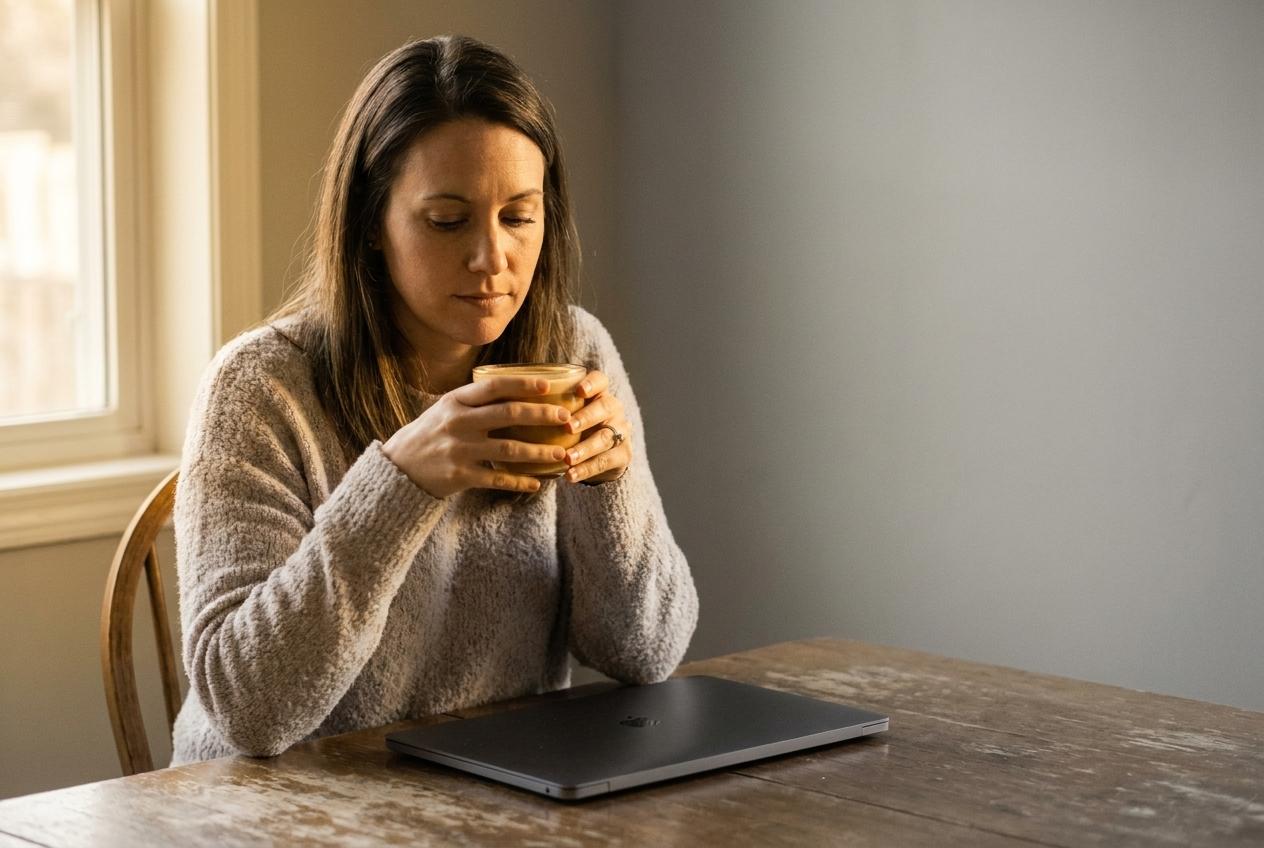 A founder starting the morning with coffee, laptop closed — the books already handled