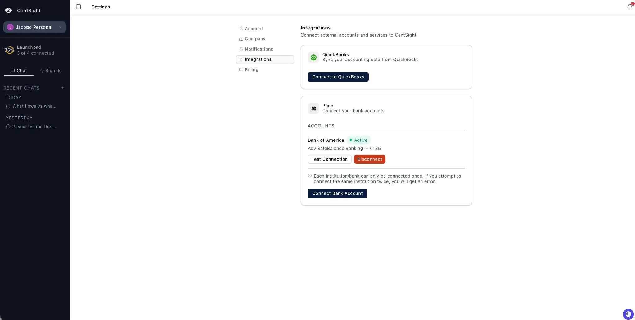 CentSight Settings Integrations Plaid section with a Bank of America account connected and labelled Active.