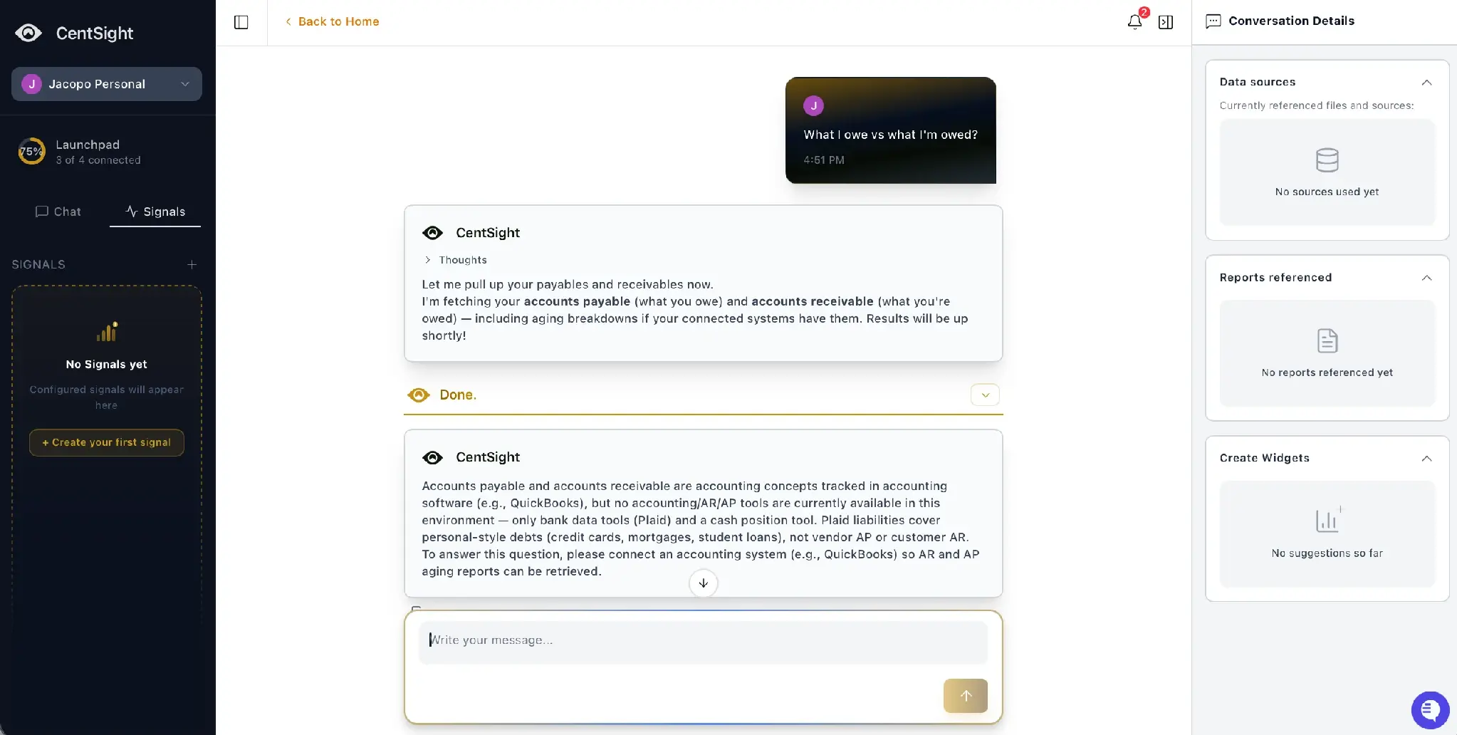 CentSight chat answering a question with the Conversation Details panel listing data sources and reports referenced.